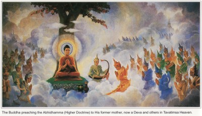 Buddha unterricht die Himmelswesen